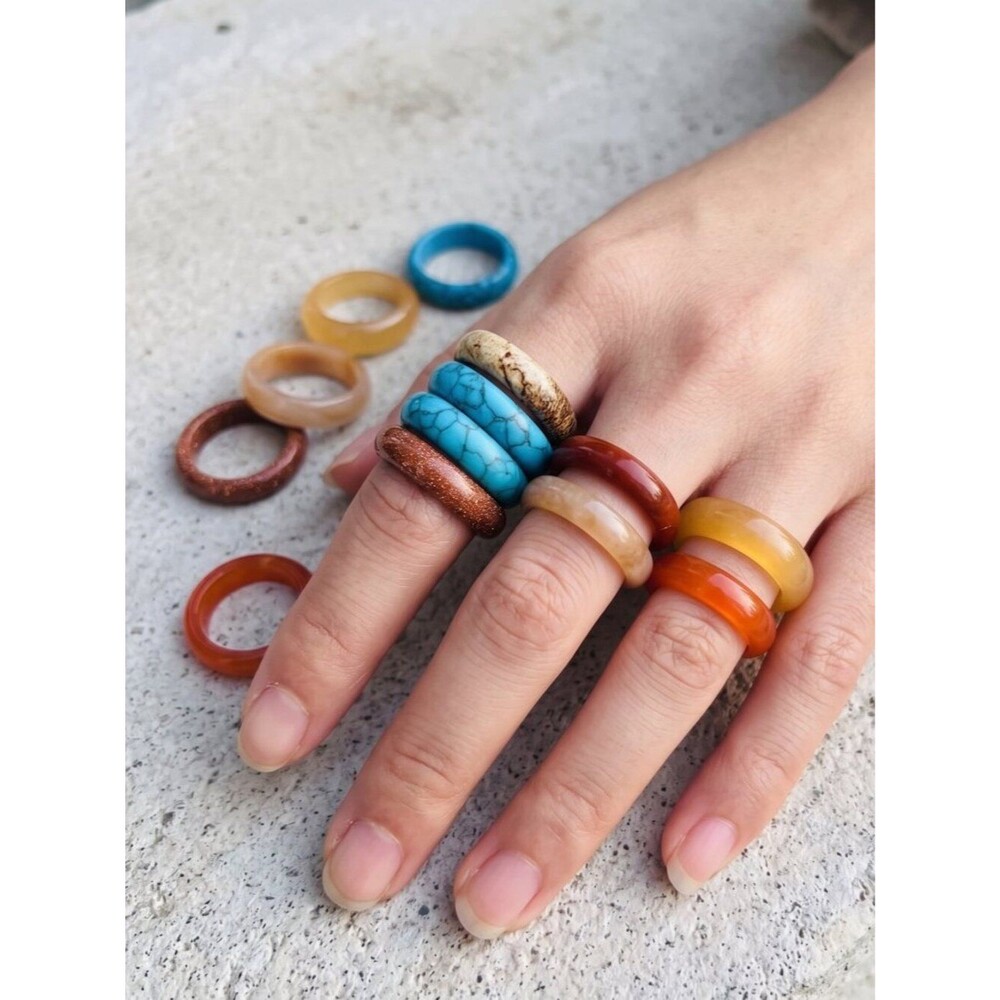 Stone Band Rings Lot of 7 Turquoise Agate Resin Stackable